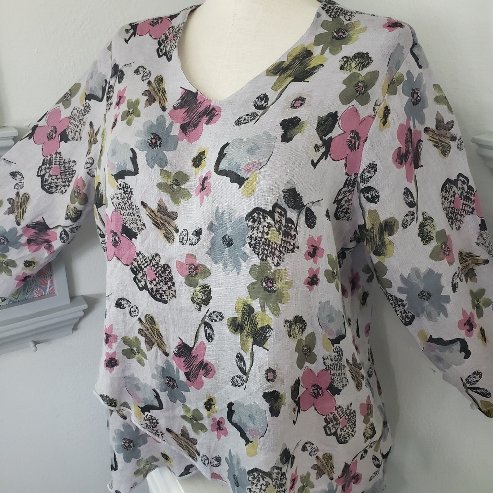 Click Gray Linen Floral Print Layered Hi Lo Bohemian Coastal Beach Cotton XXL
